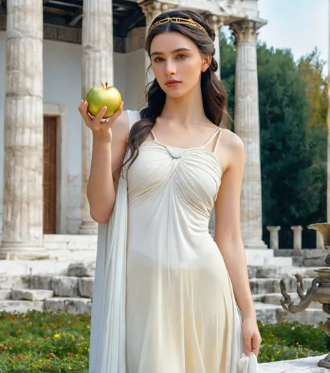 Powerful Greek goddess Eris holding a golden apple in one hand and with the other holding a dagger and she is wearing classical Greek clothes and in the background there is an ancient Greek garden with temples from classical times, body skinny, black, slig...