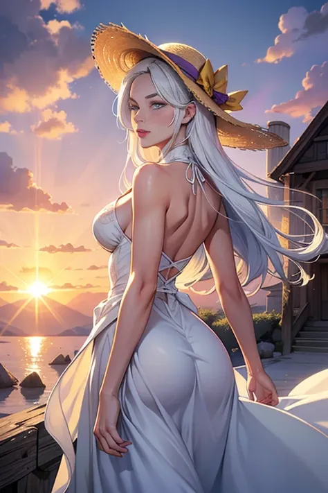 1 girl, work of art, extremely detaild, (beautiful detailed glowing), Lens flare, White hair, shorth hair, floating hair, looking back, back to back, ssmile, blue colored eyes, white gown, medium breasts, trunk, wide plan, straw hat, ((Salar de house)), ri...