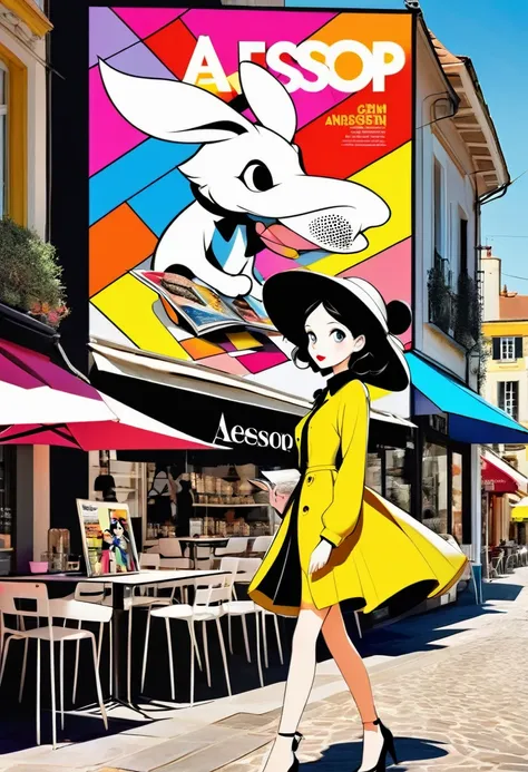 digital CG graphic art, conceptual installation cute pop art, 2.5D, delicate and dynamic, style that combines Disney, Grimm, Aesop and Andersen, fashion model, photographed in front of a cafe terrace, magazine cover-like, shading, colorful patchwork of con...