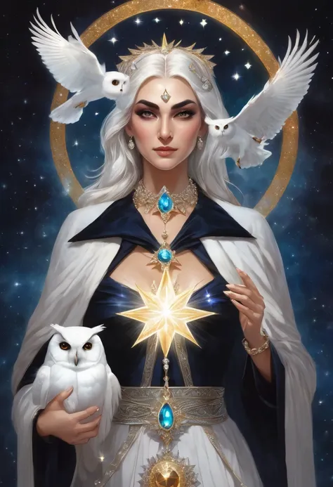 a beautiful woman and powerful witch, holding a shining star in her right hand and a white owl in her left hand, wearing a diamond-shaped crystal necklace, with a white 6-pointed star shining on her head.