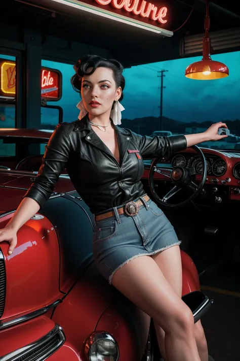 hyper-realistic photo of a beautiful rockabilly pin-up model leaning against a hot rod car in the parking lot of a 50s style din...