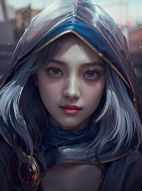 close up of a girl or woman (k-pop idol),wear a hood  , big booobs ,  shadowbringers cinematic, 4 k detail fantasy, a beautiful ...