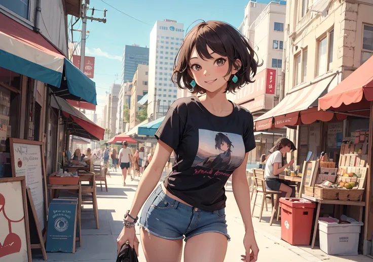 ((Highest quality)), ((masterpiece)), (detailed), One girl, Beach,smile,summer,Perfect Fingers,citypop,Hot pants on a t-shirt
