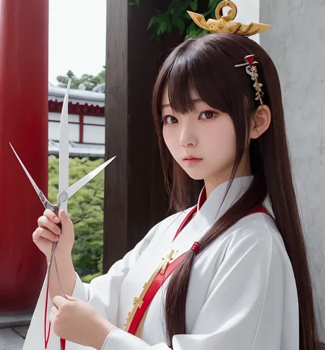 Japanese female priest、The costume is mainly white with red lines running down the shoulders.、Sideways、Holding a pair of silver sewing scissors、Gold hair ornament on the back of the head、Dark brown hair、Straight Long Hair、In the temple grounds、Upper body c...