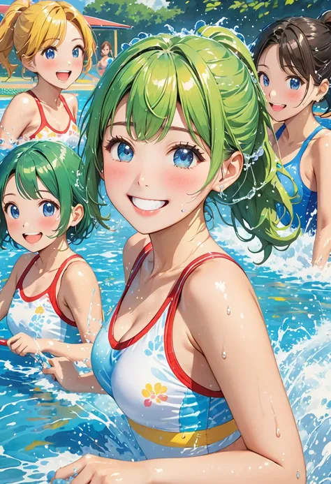 Highest quality、High resolution、Detailed Background、Beautiful face in every detail、Detailed facial expressions、Detailed eyes、Teenage beauty、Highly detailed face、Light color hair、Bobcut、ponytail、Perfect body line、Water play spot、Water play slide、Water play ...