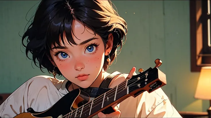 Style: 80s anime style, ultra-high resolution, super detailed, perfect lighting. Main Character: A girl with short hair, blue eyes, and a small, rounded nose. She is facing forward with her face and torso aligned forward. Accessory: The girl is holding and...