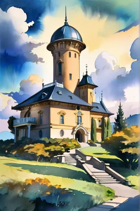 anime style watercolor, golden hour, blue sky, clouds, architecture, "at the Shadowy Supernatural Observatory"