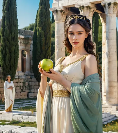 powerful greek goddess eris holding a golden apple in one hand and with the other holding a dagger and she is wearing classical ...