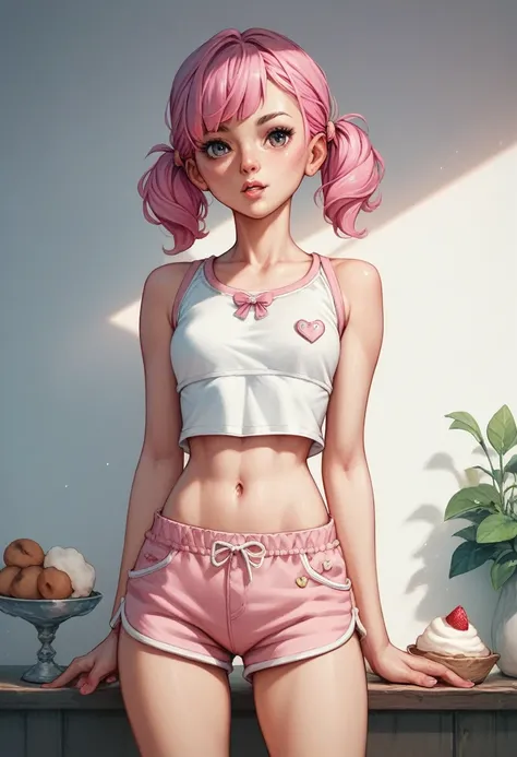 1 pretty woman, short pink hair with pigtails, small waist, skinny, small crop top, cotton short pajama shorts, 