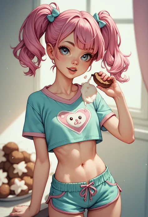 1 pretty woman, short pink hair with pigtails, small waist, skinny, small crop top, cotton short pajama shorts, 