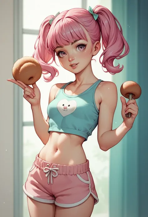 1 pretty woman, short pink hair with pigtails, small waist, skinny, small crop top, cotton short pajama shorts, 