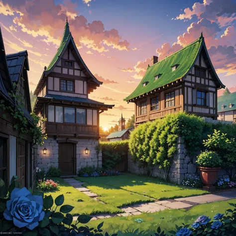 Masterpiece, high quality, a beautiful picture depicts a fairy tale world about green, rose hut, fairyland, terraced fields around the house, blue rose flowers, green rice fields, red sky, grey clouds, Hayao Miyazaki, perfect sy symmetrical composition, st...