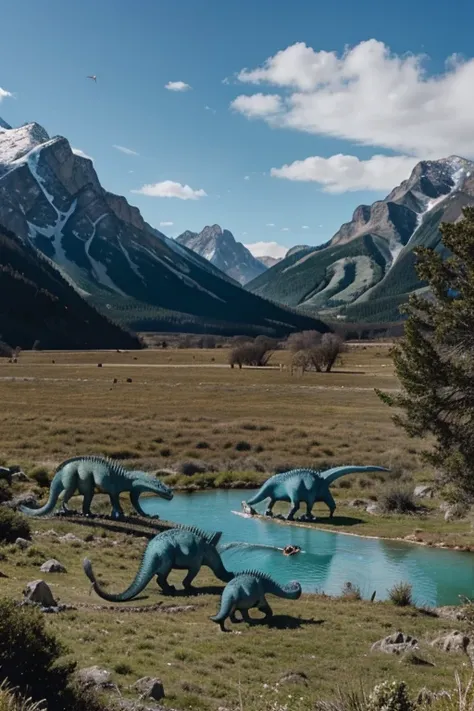 Dinosaurs hunting in a pack, The color blue, prehistoric landscape, with mountains in the background, looking at the front like that