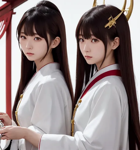 Japanese female priest、The costume is mainly white with red lines running down the shoulders.、Sideways、Holding a pair of silver sewing scissors、Gold hair ornament on the back of the head、Dark brown hair、Straight Long Hair、In the temple grounds、Upper body c...