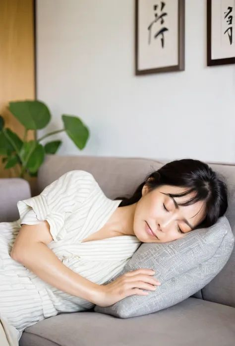 A Japanese housewife in her 40s taking a lazy nap on the sofa，Sleeping with one&#39;s legs spread apart、Thin, See-through camisole、Shortcuts，Flat Chest、Full body image、