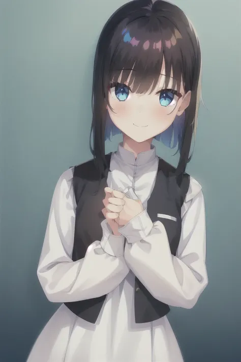 1girl,bangs,blunt_bangs,middle_long_hair,独奏,Blue_eyes,blush,simple_background,white_background,black_hair,necklace,smile,long_sleeves,dress,shirt,Vest,white_shirt,puffy_sleeves,own_hands_together,closed_mouth,(Blue_Vest:1.3), bangs, Vest gilet, pullover Ve...