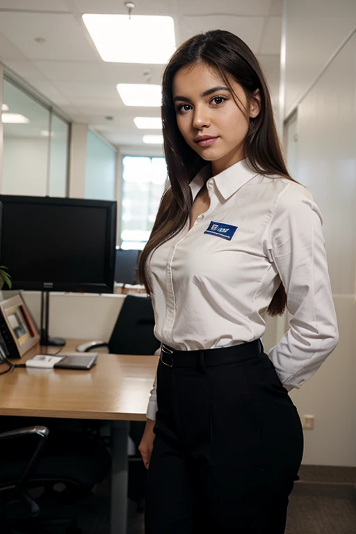 Photo of A young latin HR recruiter, in her office. 35mm camera soft blur background, Full body portrait Wearing elegant uniform including pants
