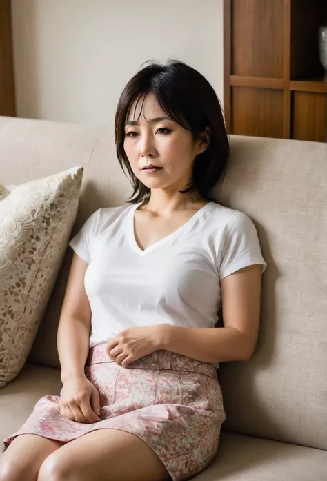 a japanese housewife in her 40s taking a lazy nap on the sofa，sleeping with one&#39;s legs spread apart、thin, see-through camiso...