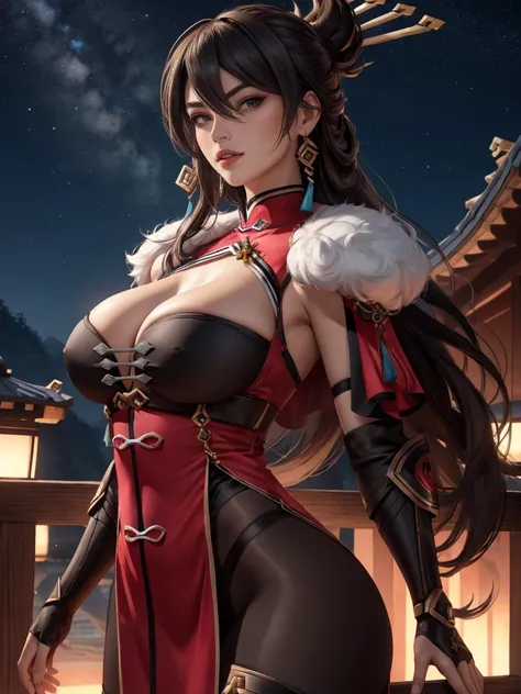 (beidou style) (adult) adult face and body, 1 woman,, bare abdomen, boob window widowmaker costumes, armor Big breasts blue  Long hair Looking for another Looking at viewer Night sky outdoors, cut bright lips, olhos vermelhos sentados no sky estrelado (sky...