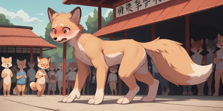 Dynamic Angle , Two shaggy white fox cubs ,Furry， low length , ｛1 young shota　Small dick｝The genitals are fully visible,Exposing the private parts，Animal Pose，Realistic fur , Round face, Round eyes , No hair drawn. Crotch facing you.、  At Inari Shrine ,｛ N...