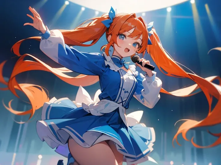 shella(orange long hair, twin pigtails, dancer, white long sleeve, blue dress skirt)