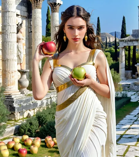 Powerful Greek goddess Eris holding a golden apple in one hand and with the other holding a dagger and she is wearing classical Greek clothes and in the background there is an ancient Greek garden with temples from classical times, body skinny, black, slig...