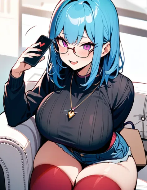 The girl: (masterpiece), best quality, expressive eyes, perfect hybrid succubus girl face, short girl, long cyan and blue hair, magenta eyes, glasses, happy, black sports top, black sweater, red thigh-high stockings, demon tail, golden necklace with a blac...