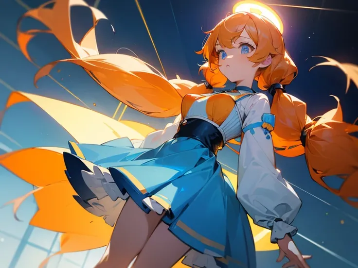 nilou(orange long hair, twin pigtails, light blue bustier, white long sleeve, blue skirt)