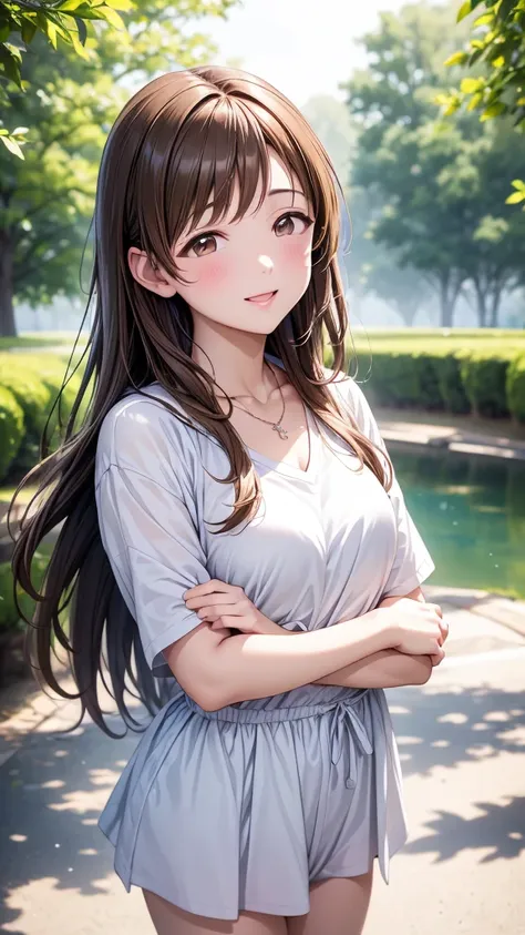 Highest quality、high resolution、High definition、HD、sports gym、(Nitta Minami、Long Hair、Medium chest、Brown Hair、Brown eyes、Glossy lips、Glowing Skin、Realistic skin texture、Neat spring clothes、necklace、A walk in the park、Date)、Love me、Stretch out your arms tow...