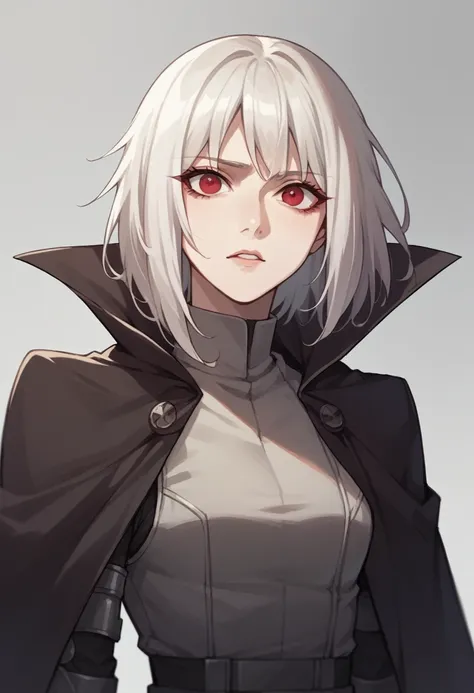 anime android girl, dark social clothes, red eyes, white bob hair, pale, quiet and racional