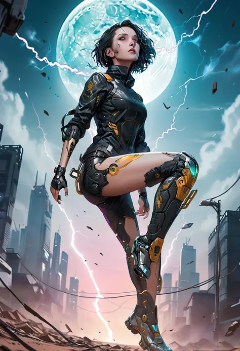 Graphic novel detailed line illustration, pov, super low angle looking up, On the broken land, cyberpunk style girl knees on the ground , running starting pose, looking into the camera, both hands on the ground, one hand close to the camera, hand focus, me...