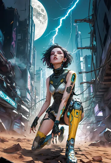 Graphic novel detailed line illustration, pov, super low angle looking up, On the broken land, cyberpunk style girl knees on the ground , running starting pose, looking into the camera, both hands on the ground, one hand close to the camera, hand focus, me...