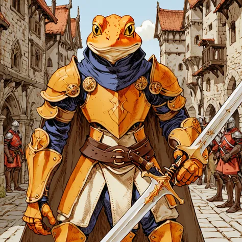 (sketch art, concept art:1.4),(masterpiece rough sketch drawing), solo closeup, Orange skin, frog Paladin, dark theme, Orange skin, yellow eyes, armor, Sword and Shield (Akihiko Yoshida Style), medieval city