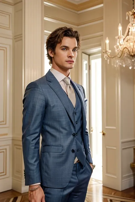 Create an image of Alexander Darcy at a fancy event. He is a tall, handsome man with a lean, muscular build, standing at 62". He has deep-set, piercing blue eyes, Blonde hair styled neatly, and a chiseled face with high cheekbones and a strong jawline. Ale...