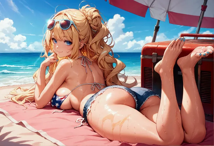 score_9, score_8_up, score_7_up, rating_safe, masterpiece, best quality, very aesthetic, absurdres, 1girl, solo, blonde hair, long hair, messy hair, bangs, blue eyes, smile, pink cheek, denim shorts, (american flag bikini), bikini under clothes, (eyewear o...