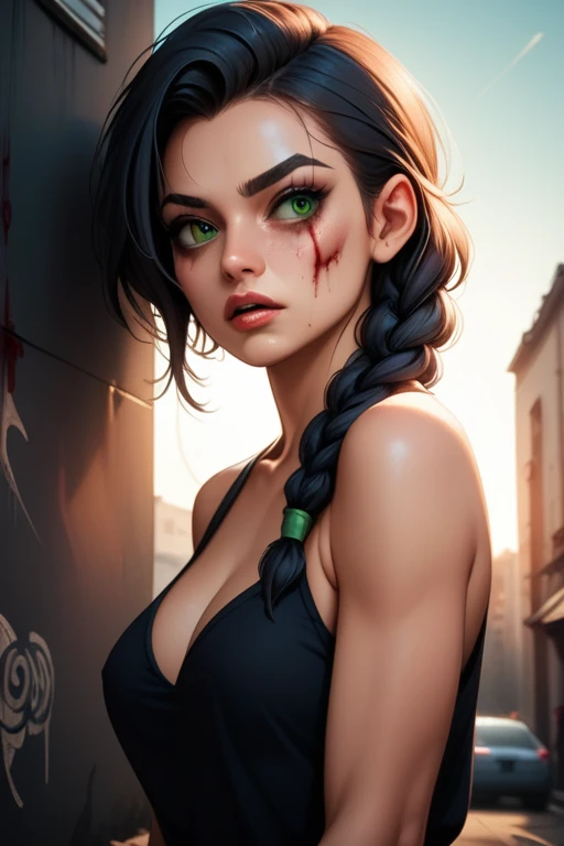 Hungarian woman with an athletic and toned physique; striking features with high cheekbones; green eyes; long, dark hair often styled in intricate braids; light olive skin; best quality; trending on artstation; complex volumetric lighting; strong shadows; ...