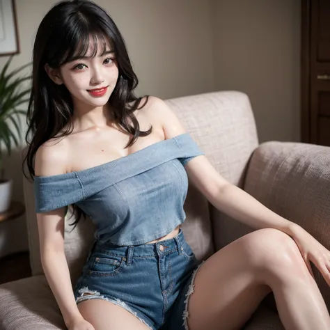 1 Girl, 19 years old, south korean, 4k, masterpiece, realistic, long whavy black hair with bangs, shining purple pupils, shining red lips, red eyeliners, freckles, off-shoulder top, jean shorts, large breast, happy, smiling, tilted head, open arms, ready f...