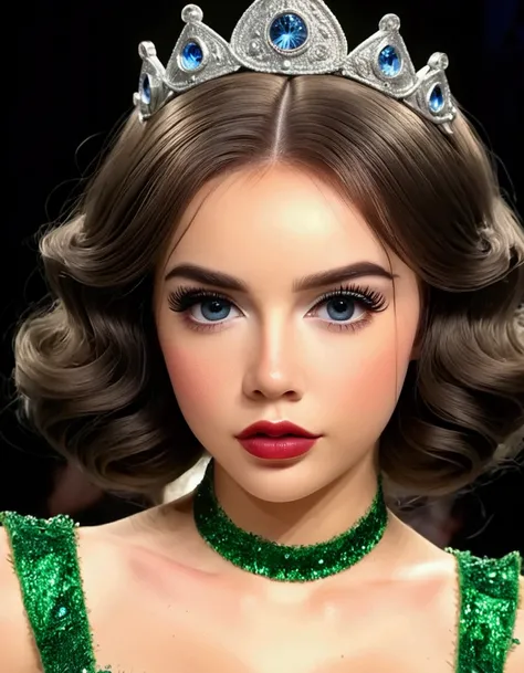 a cute young woman, waist length hair, striking fun and glamorous poses on the runway, wizard of oz fashion show, intricate and detailed costume design, beautiful detailed eyes, beautiful detailed lips, extremely detailed face, long eyelashes, high fashion...