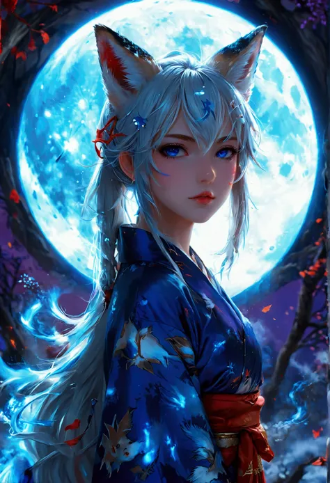 A girl in her twenties with blue-white hair, blue-purple gradient pupils, a small tail, and a fox-girl robe. girl, kimono, ponytail ,gray hair, purple eyes, magic circle, blue fire, blue flame, wallpaper, landscape, Blood, Blood splatter, Depth of the boun...