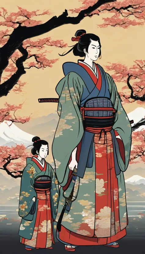 Illustration of a samurai family from the Sengoku period。A scene symbolizing loyalty and bravery。The warriors stand in a row。
