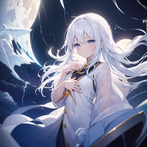 (((((Sky God、Place your hand on your chest、look up、View the Moon　Close-up、Low - Angle　Lightning Background、Shine　tears、Reflection of light)))))　(((Fantasy　Long Hair、Black and white、Raging Wind　White eyes、Super White Aura　Super dynamic))))　(((Lonely、despair...