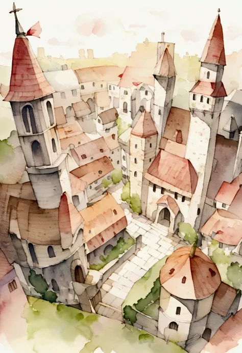 Bird&#39;s-eye view　Aerial view of the medieval city　Peaceful and beautiful townscape　Fantasy　Picture books　watercolor