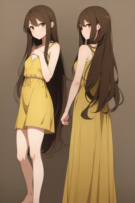 Draw a drawing of a girl with these characteristics 1.70 meters, with long straight brown hair, softer brown eyes, more feminine facial features and wearing a yellow dress, anime version 