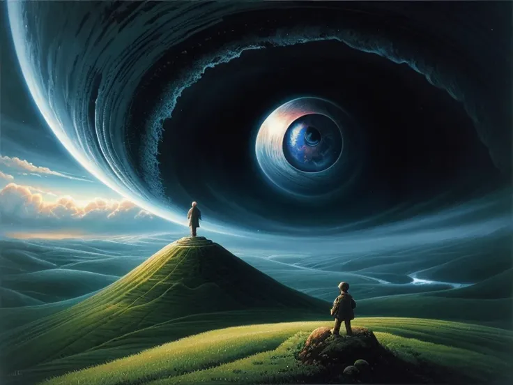 landscape、storm、typhoon、A giant eyeball in the center of the vortex、Flowing Clouds、Boy standing on top of a hill looking up、Surreal、Zdzisław Beksiński