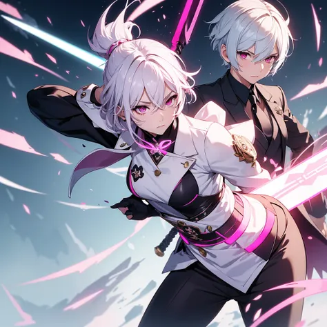 Make a girl in short white hair genshin impact banner style, pink eyes, wearing a suit that covers the entire body, holding a spear