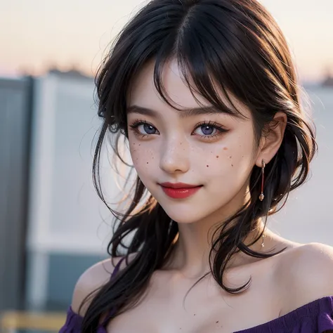 1 Girl, 19 years old, south korean, 4k, masterpiece, realistic, long whavy black hair with bangs, shining purple pupils, shining red lips, red eyeliners, freckles, off-shoulder top, large breast, smug smile, closed mouth, tilted head, bright colors, face c...