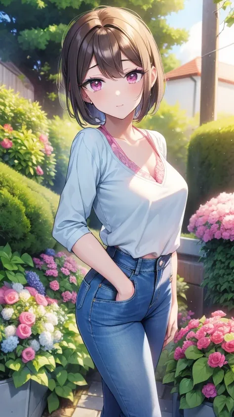 a 30 year old anime woman, short hair, pink eyes, medium chest, athletic body, dressed in a small light blue blouse, blue jeans,...