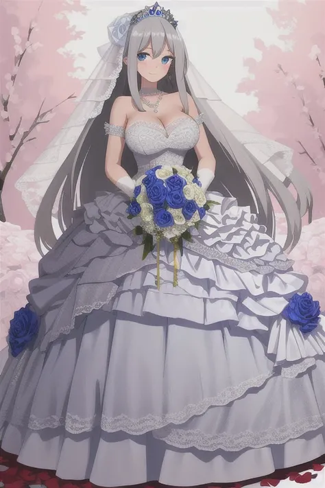 ((masterpiece)), (((best quality))), ((ultra-detailed)), ((illustration)), ((disheveled hair)), ((frills)), (1 girl), (solo)，alternative costume,blue flower, blue rose, blush, bouquet, breasts, bridal veil, bug, butterfly, choker, cleavage, clothing, crown...