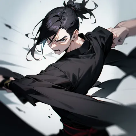 HOMEM MASCULINO, black short ponytail hair, black eyes, black kimono, black katana, angry expression, battle pose, slightly muscular body