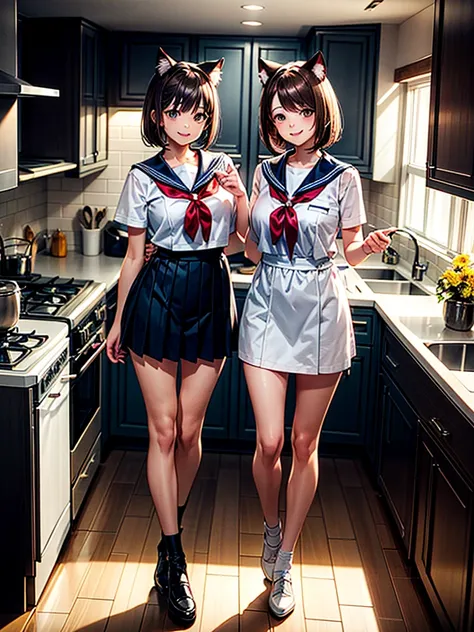 Highest quality,Highest Resolution,A beautiful smiling girl in a sailor suit,Brown hair short bob,Cat ear,kitchen,Bright lighting,Standing posture,(((Show off your outfit))),whole body,へそ出し,